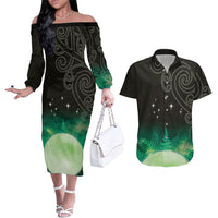 New Zealand Matariki Couples Matching Off The Shoulder Long Sleeve Dress and Hawaiian Shirt Pleiades Star Cluster Green Galaxy LT05 Green - Polynesian Pride