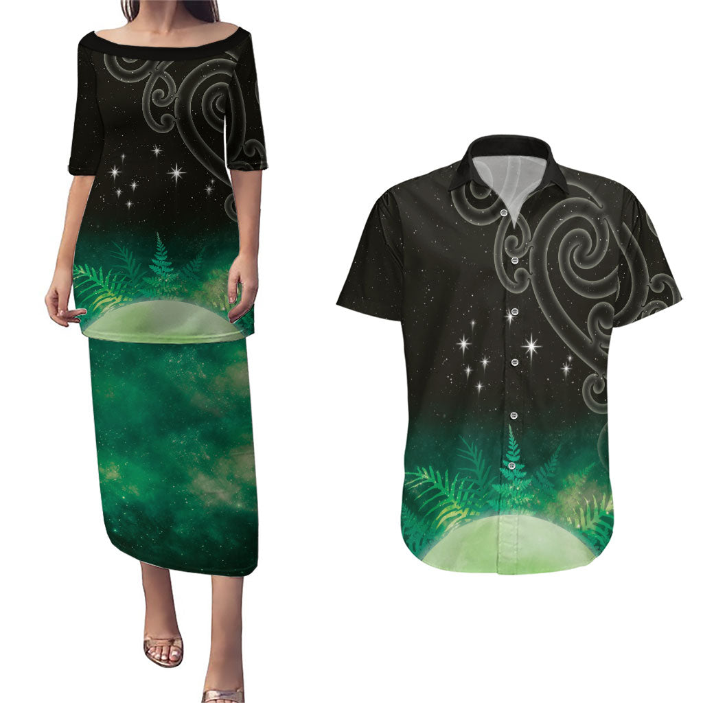 New Zealand Matariki Couples Matching Puletasi and Hawaiian Shirt Pleiades Star Cluster Green Galaxy LT05 Green - Polynesian Pride