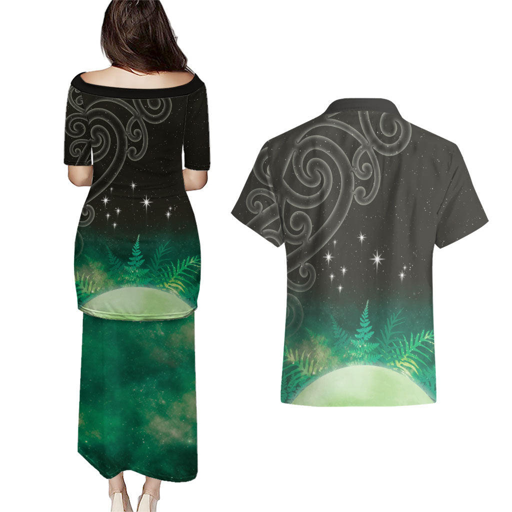 New Zealand Matariki Couples Matching Puletasi and Hawaiian Shirt Pleiades Star Cluster Green Galaxy LT05 - Polynesian Pride