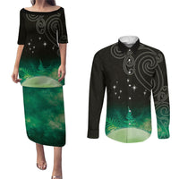 New Zealand Matariki Couples Matching Puletasi and Long Sleeve Button Shirt Pleiades Star Cluster Green Galaxy
