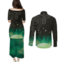 New Zealand Matariki Couples Matching Puletasi and Long Sleeve Button Shirt Pleiades Star Cluster Green Galaxy