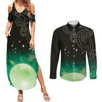 New Zealand Matariki Couples Matching Summer Maxi Dress and Long Sleeve Button Shirt Pleiades Star Cluster Green Galaxy LT05 Green - Polynesian Pride