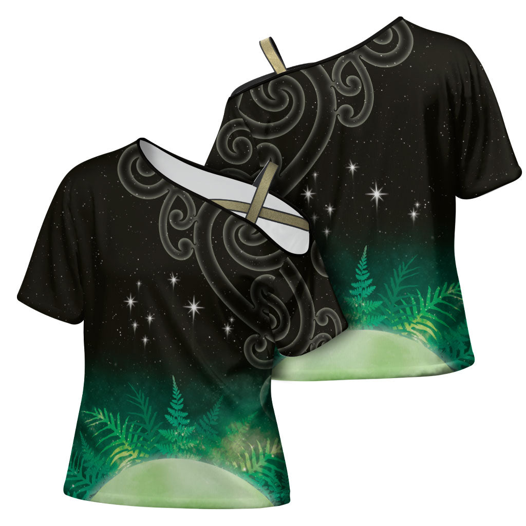 New Zealand Matariki Cross Shoulder Shirt Pleiades Star Cluster Green Galaxy