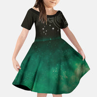 New Zealand Matariki Family Matching Off The Shoulder Long Sleeve Dress and Hawaiian Shirt Pleiades Star Cluster Green Galaxy LT05 Daughter's Dress Green - Polynesian Pride