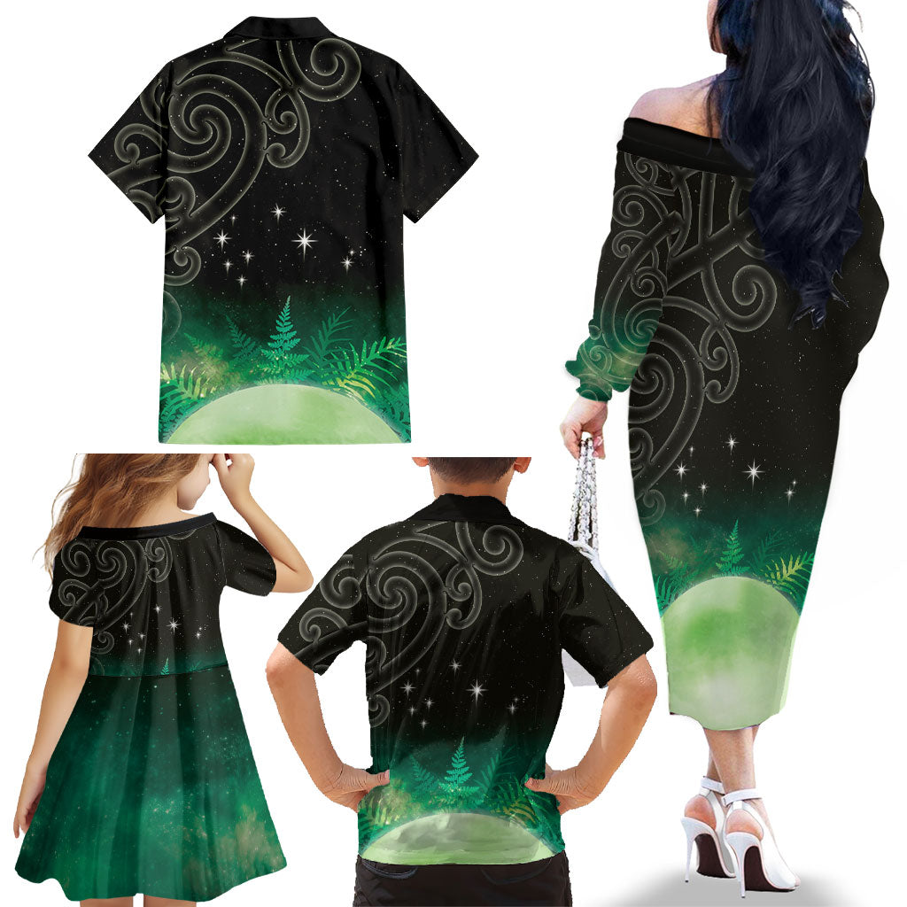 New Zealand Matariki Family Matching Off The Shoulder Long Sleeve Dress and Hawaiian Shirt Pleiades Star Cluster Green Galaxy LT05 - Polynesian Pride
