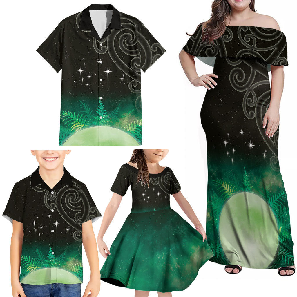 New Zealand Matariki Family Matching Off Shoulder Maxi Dress and Hawaiian Shirt Pleiades Star Cluster Green Galaxy LT05 - Polynesian Pride