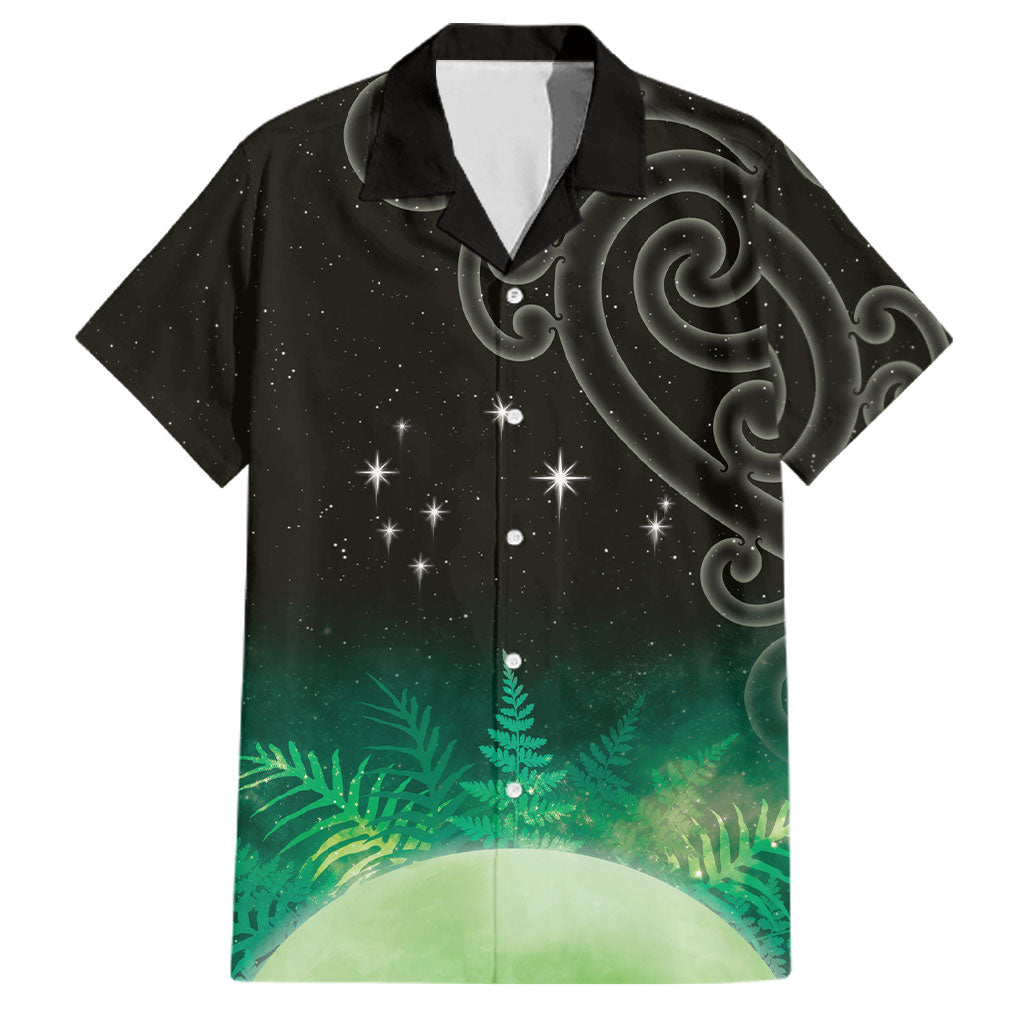 New Zealand Matariki Family Matching Off Shoulder Maxi Dress and Hawaiian Shirt Pleiades Star Cluster Green Galaxy LT05 Dad's Shirt - Short Sleeve Green - Polynesian Pride