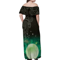 New Zealand Matariki Family Matching Off Shoulder Maxi Dress and Hawaiian Shirt Pleiades Star Cluster Green Galaxy LT05 - Polynesian Pride