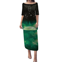 New Zealand Matariki Family Matching Puletasi and Hawaiian Shirt Pleiades Star Cluster Green Galaxy LT05 Mom's Dress Green - Polynesian Pride
