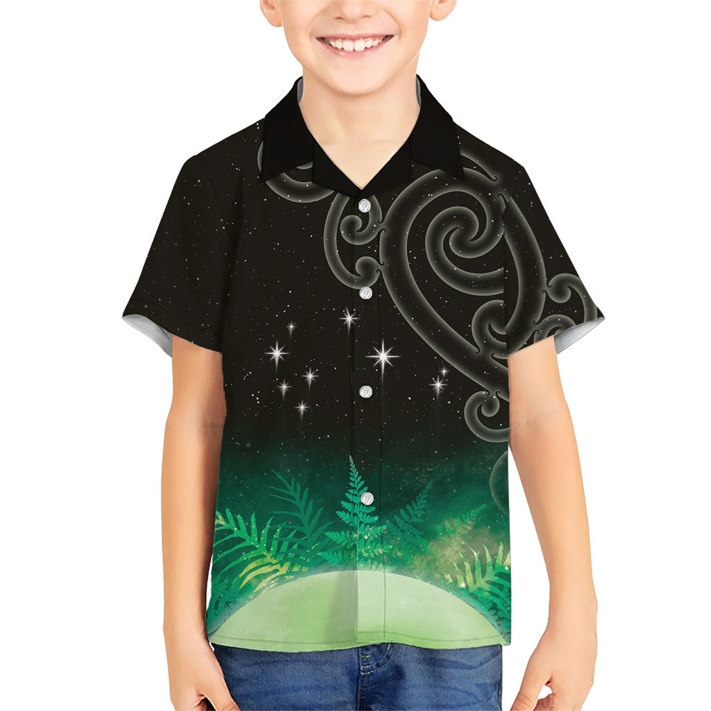 New Zealand Matariki Family Matching Puletasi and Hawaiian Shirt Pleiades Star Cluster Green Galaxy LT05 Son's Shirt Green - Polynesian Pride