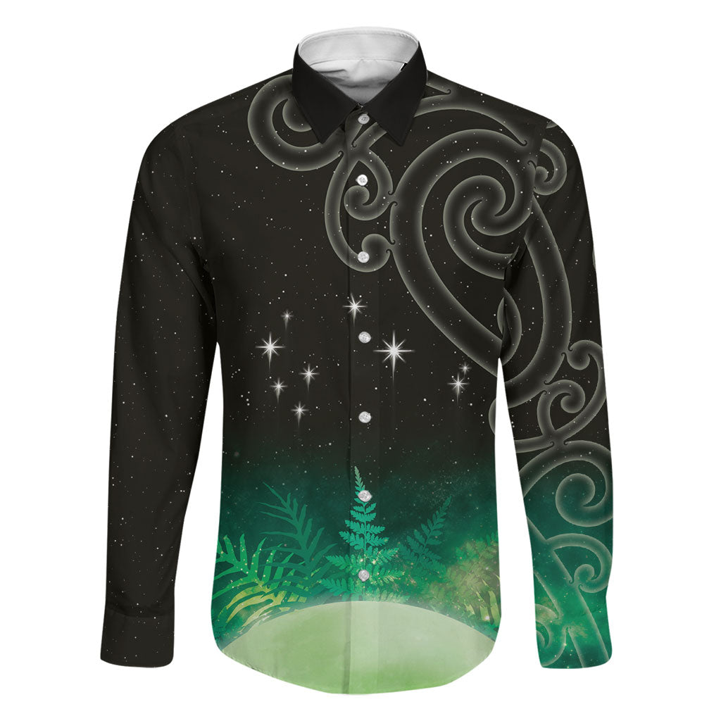 New Zealand Matariki Family Matching Short Sleeve Bodycon Dress and Hawaiian Shirt Pleiades Star Cluster Green Galaxy LT05 Dad's Shirt - Long Sleeve Green - Polynesian Pride