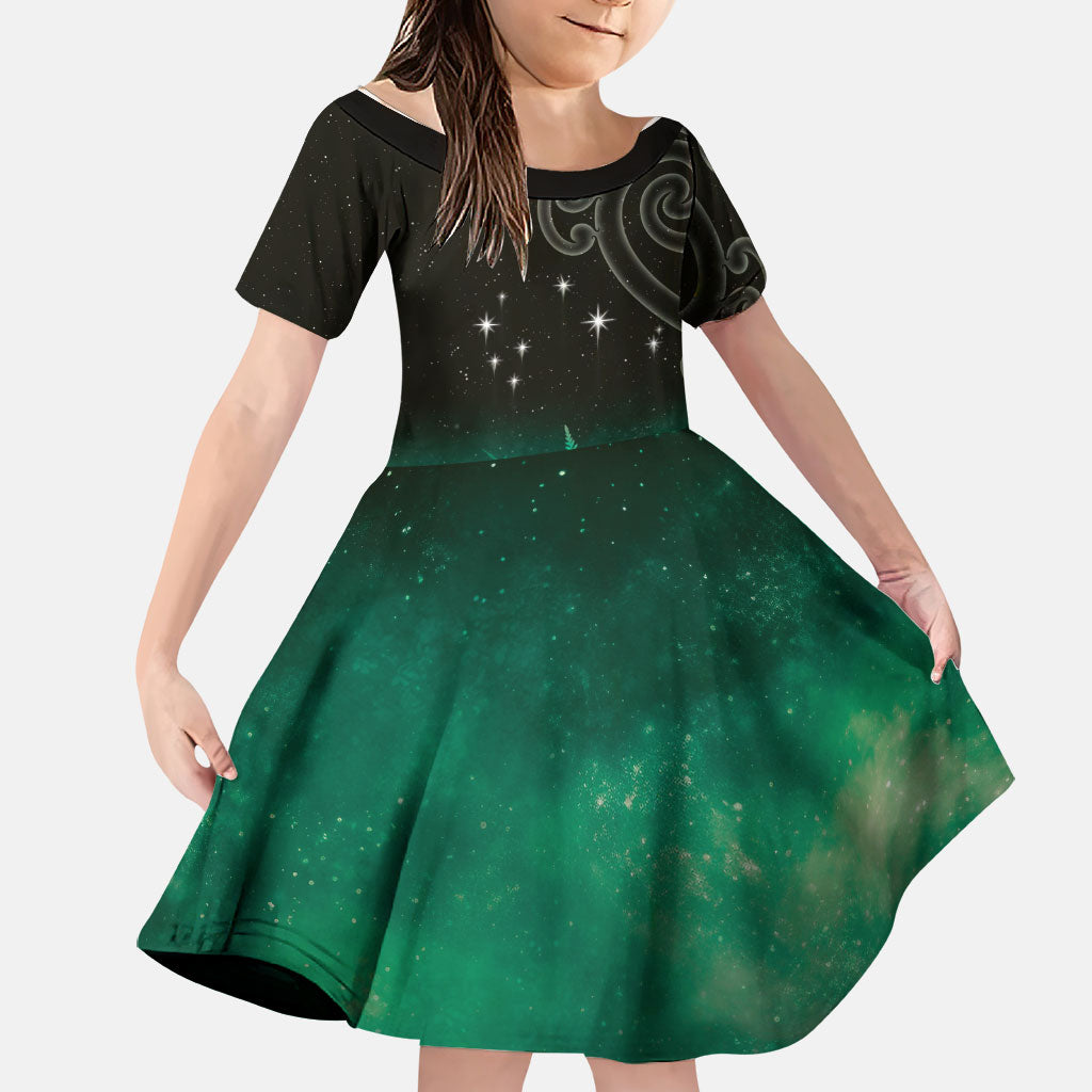 New Zealand Matariki Family Matching Summer Maxi Dress and Hawaiian Shirt Pleiades Star Cluster Green Galaxy LT05 Daughter's Dress Green - Polynesian Pride