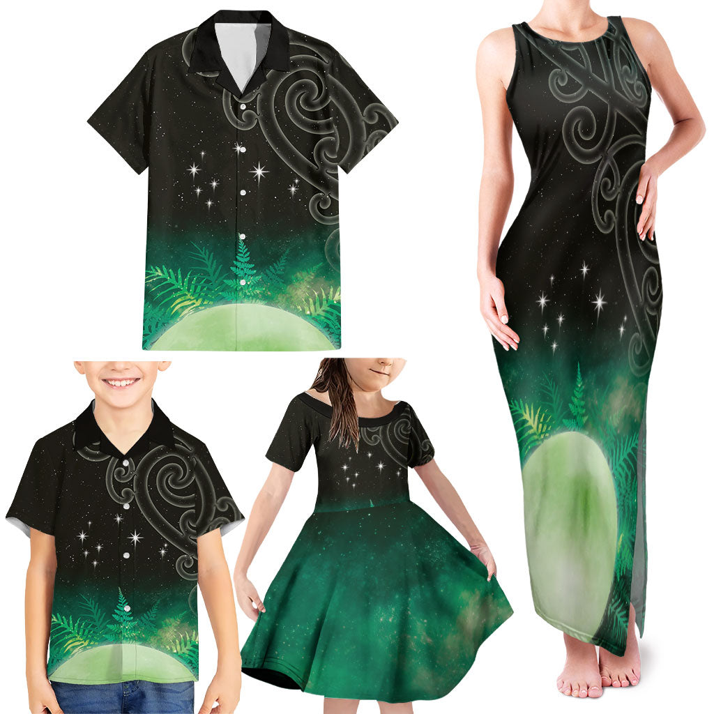 New Zealand Matariki Family Matching Tank Maxi Dress and Hawaiian Shirt Pleiades Star Cluster Green Galaxy LT05 - Polynesian Pride