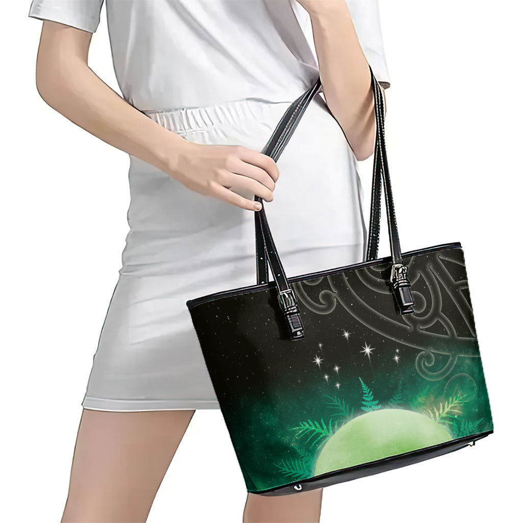 New Zealand Matariki Leather Tote Bag Pleiades Star Cluster Green Galaxy