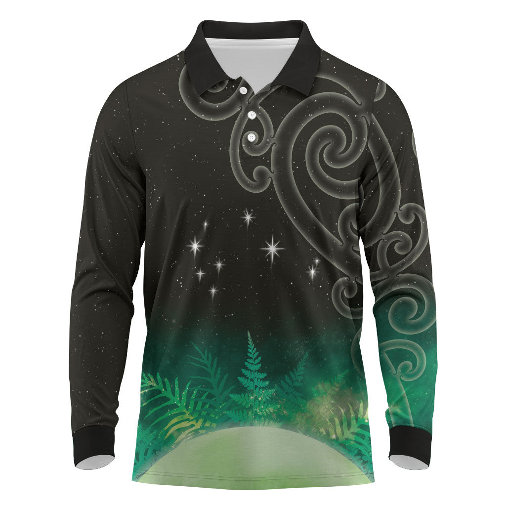 New Zealand Matariki Long Sleeve Polo Shirt Pleiades Star Cluster Green Galaxy