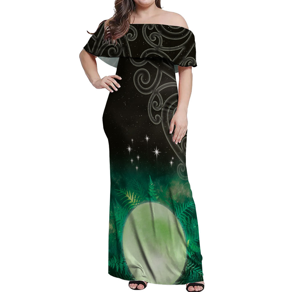 New Zealand Matariki Off Shoulder Maxi Dress Pleiades Star Cluster Green Galaxy