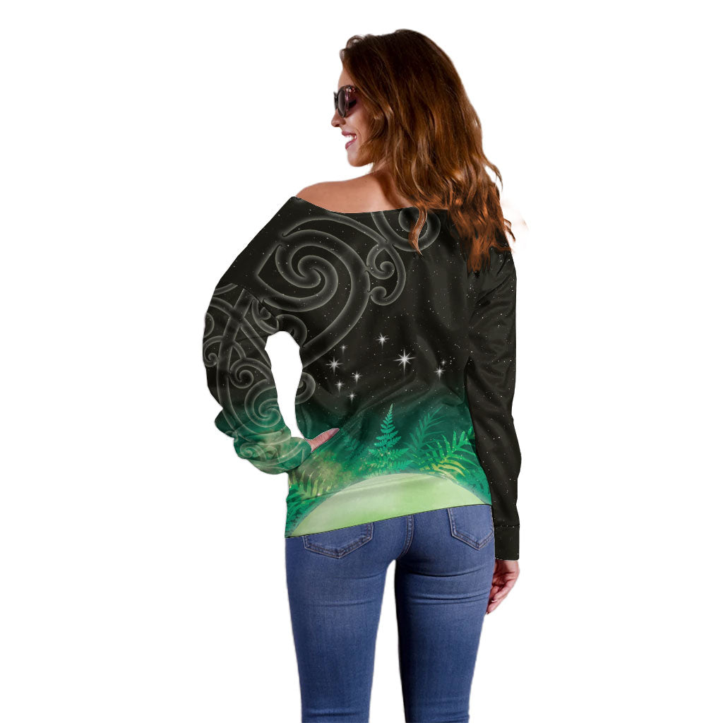 New Zealand Matariki Off Shoulder Sweater Pleiades Star Cluster Green Galaxy