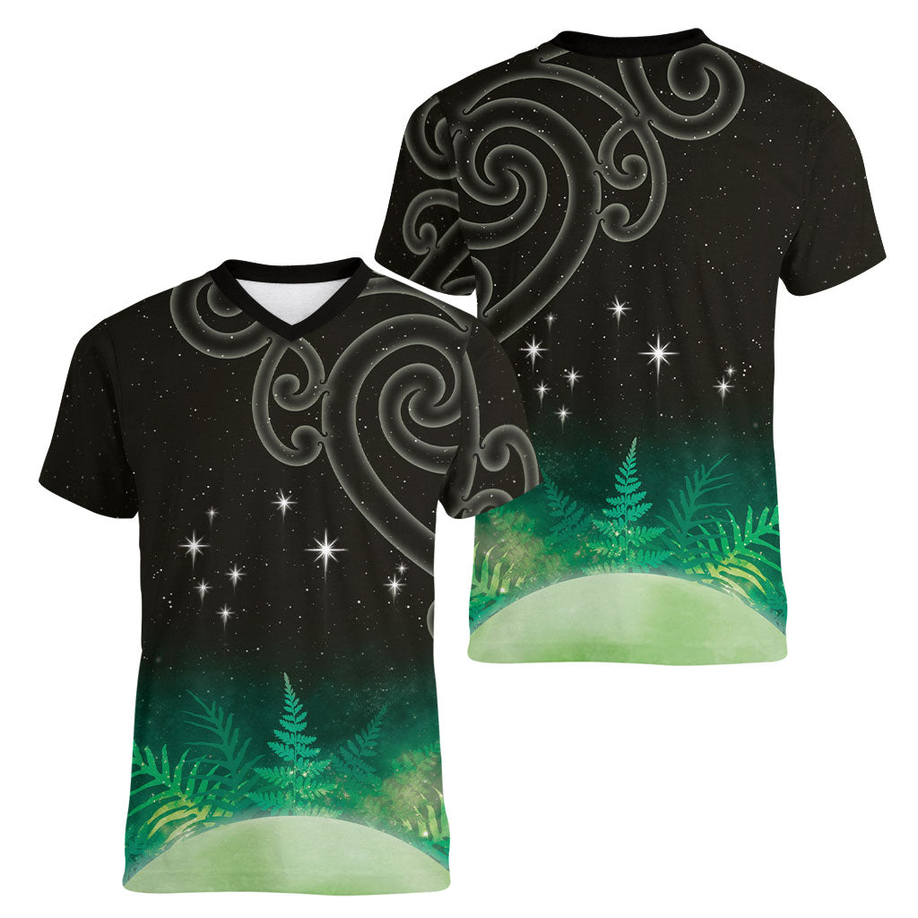 New Zealand Matariki Women V-Neck T-Shirt Pleiades Star Cluster Green Galaxy LT05 - Polynesian Pride