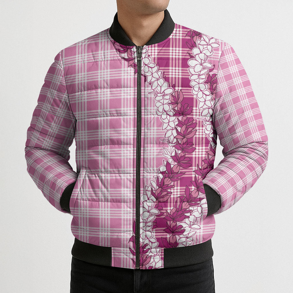 Pink Hawaii Palaka Bomber Puffer Jacket Hawaiian Honohono Lei