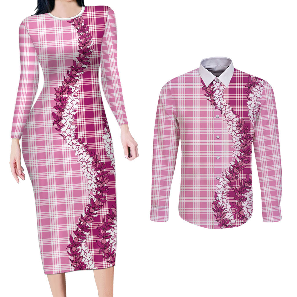 Pink Hawaii Palaka Couples Matching Long Sleeve Bodycon Dress and Long Sleeve Button Shirt Hawaiian Honohono Lei