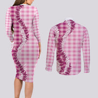 Pink Hawaii Palaka Couples Matching Long Sleeve Bodycon Dress and Long Sleeve Button Shirt Hawaiian Honohono Lei LT05 - Polynesian Pride