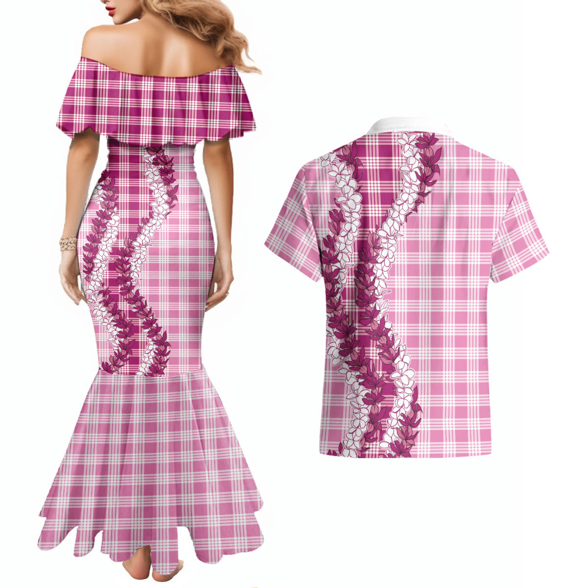 Pink Hawaii Palaka Couples Matching Mermaid Dress and Hawaiian Shirt Hawaiian Honohono Lei LT05 - Polynesian Pride