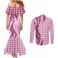 Pink Hawaii Palaka Couples Matching Mermaid Dress and Long Sleeve Button Shirt Hawaiian Honohono Lei