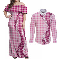 Pink Hawaii Palaka Couples Matching Off Shoulder Maxi Dress and Long Sleeve Button Shirt Hawaiian Honohono Lei
