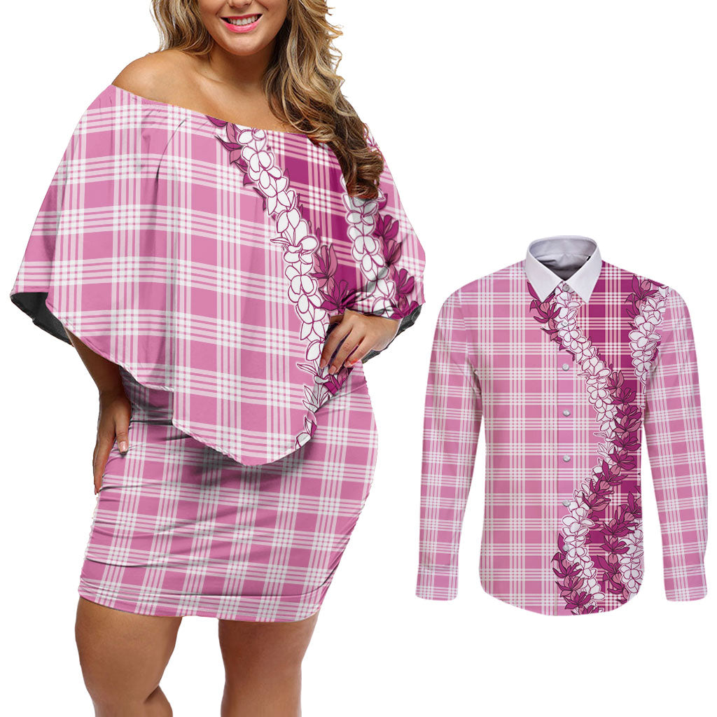 Pink Hawaii Palaka Couples Matching Off Shoulder Short Dress and Long Sleeve Button Shirt Hawaiian Honohono Lei