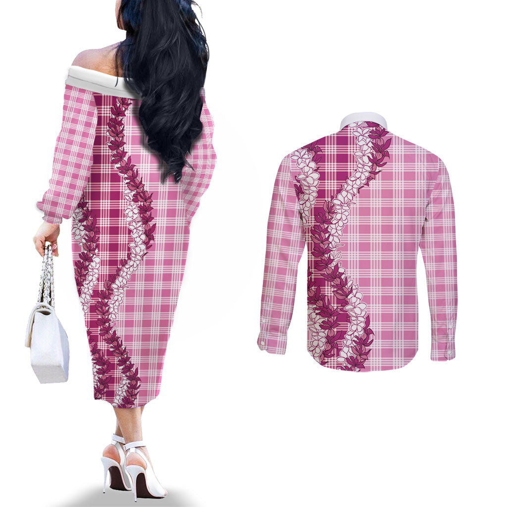 Pink Hawaii Palaka Couples Matching Off The Shoulder Long Sleeve Dress and Long Sleeve Button Shirt Hawaiian Honohono Lei LT05 - Polynesian Pride