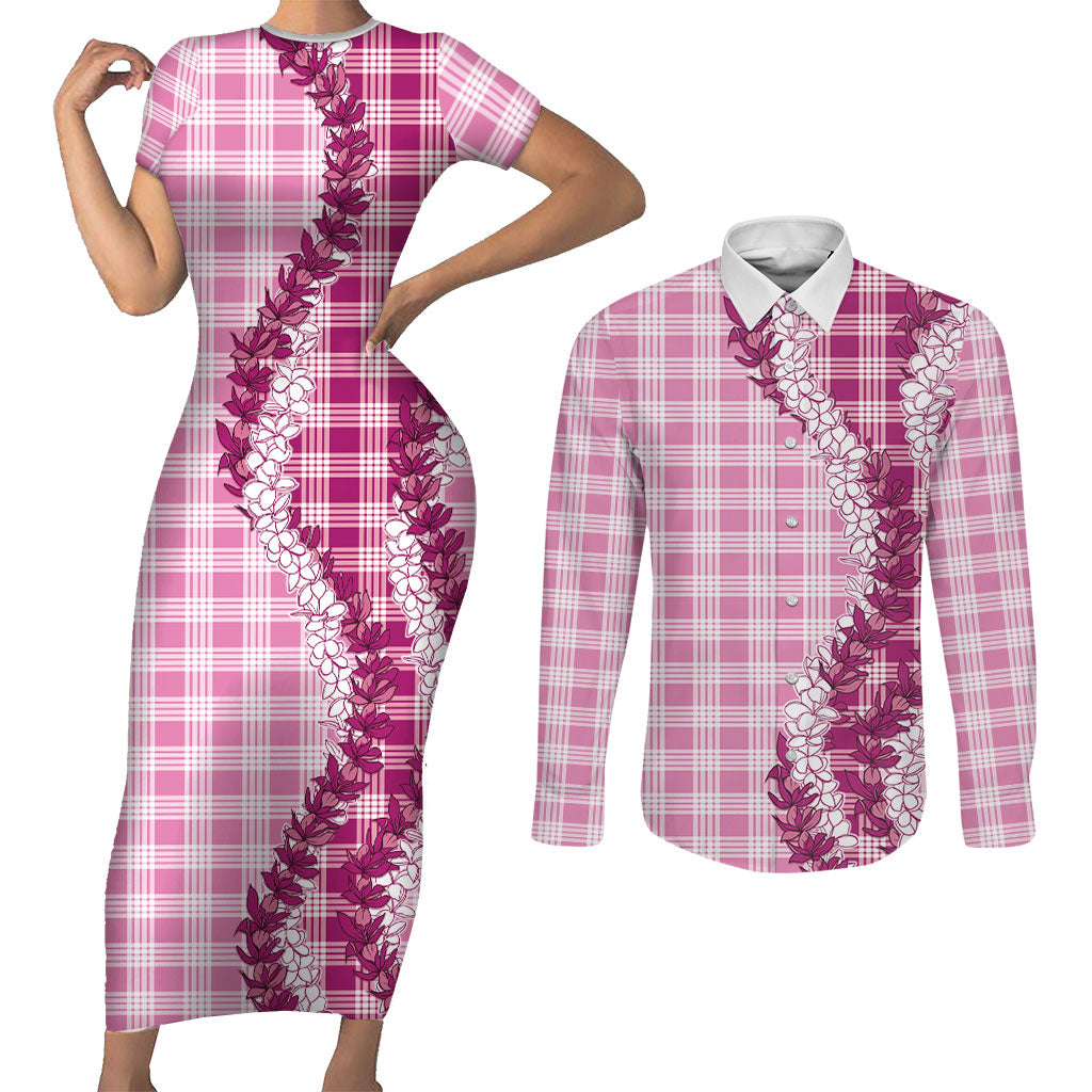 Pink Hawaii Palaka Couples Matching Short Sleeve Bodycon Dress and Long Sleeve Button Shirt Hawaiian Honohono Lei LT05 Pink - Polynesian Pride