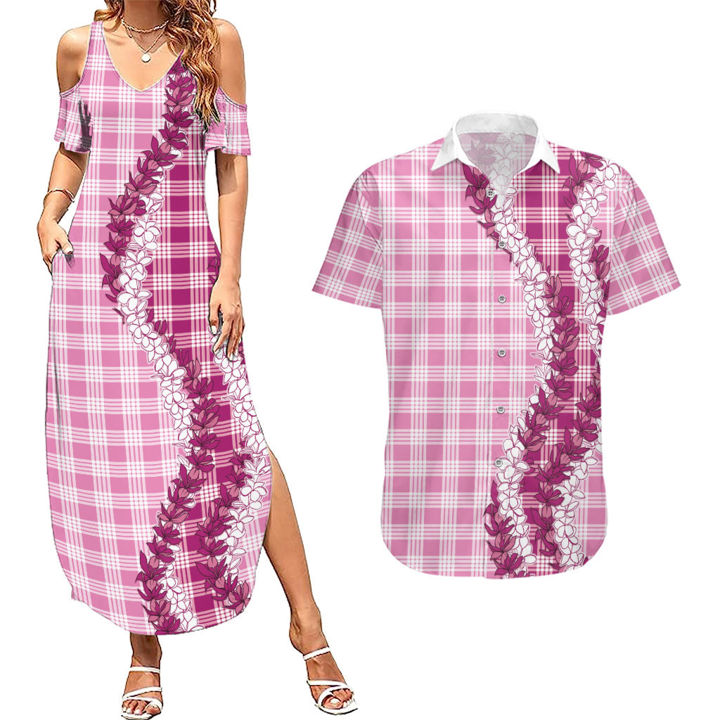 Pink Hawaii Palaka Couples Matching Summer Maxi Dress and Hawaiian Shirt Hawaiian Honohono Lei