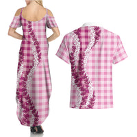 Pink Hawaii Palaka Couples Matching Summer Maxi Dress and Hawaiian Shirt Hawaiian Honohono Lei