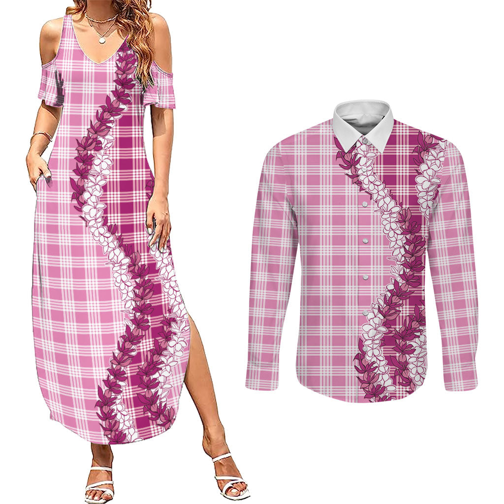 Pink Hawaii Palaka Couples Matching Summer Maxi Dress and Long Sleeve Button Shirt Hawaiian Honohono Lei