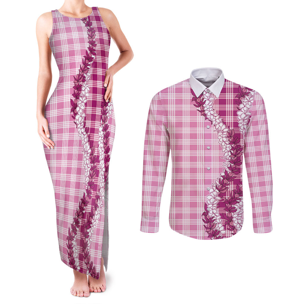 Pink Hawaii Palaka Couples Matching Tank Maxi Dress and Long Sleeve Button Shirt Hawaiian Honohono Lei