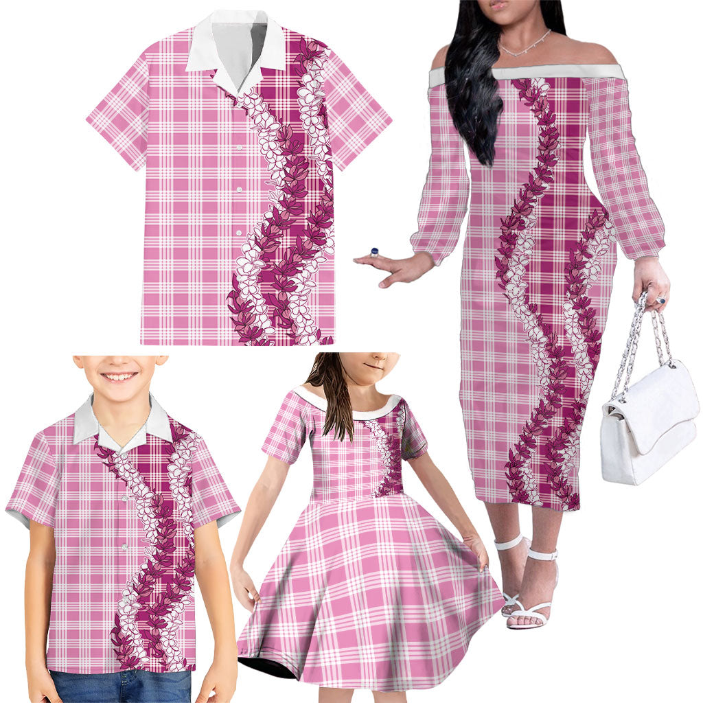Pink Hawaii Palaka Family Matching Off The Shoulder Long Sleeve Dress and Hawaiian Shirt Hawaiian Honohono Lei