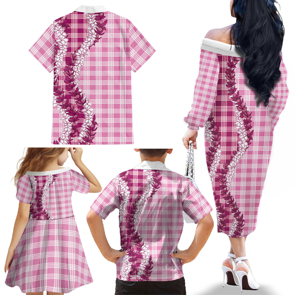 Pink Hawaii Palaka Family Matching Off The Shoulder Long Sleeve Dress and Hawaiian Shirt Hawaiian Honohono Lei LT05 - Polynesian Pride