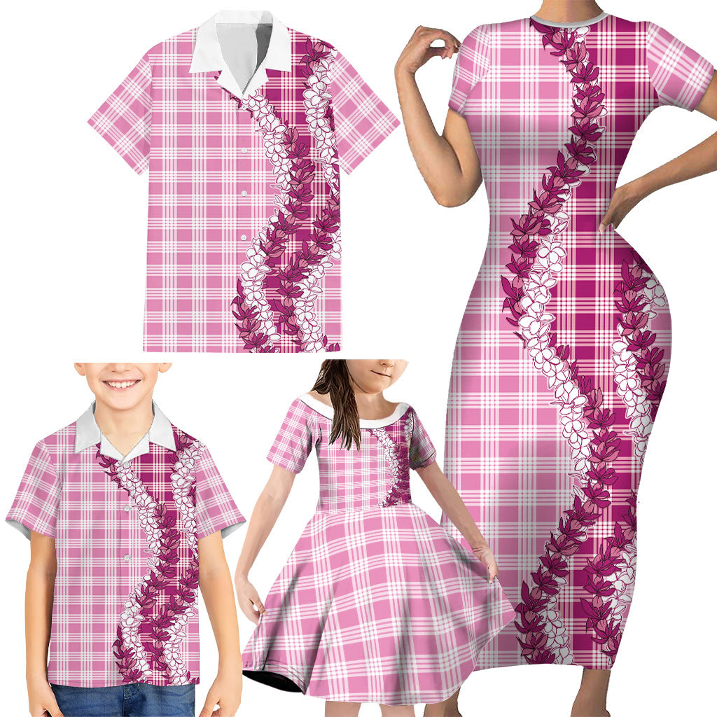 Pink Hawaii Palaka Family Matching Short Sleeve Bodycon Dress and Hawaiian Shirt Hawaiian Honohono Lei LT05 - Polynesian Pride