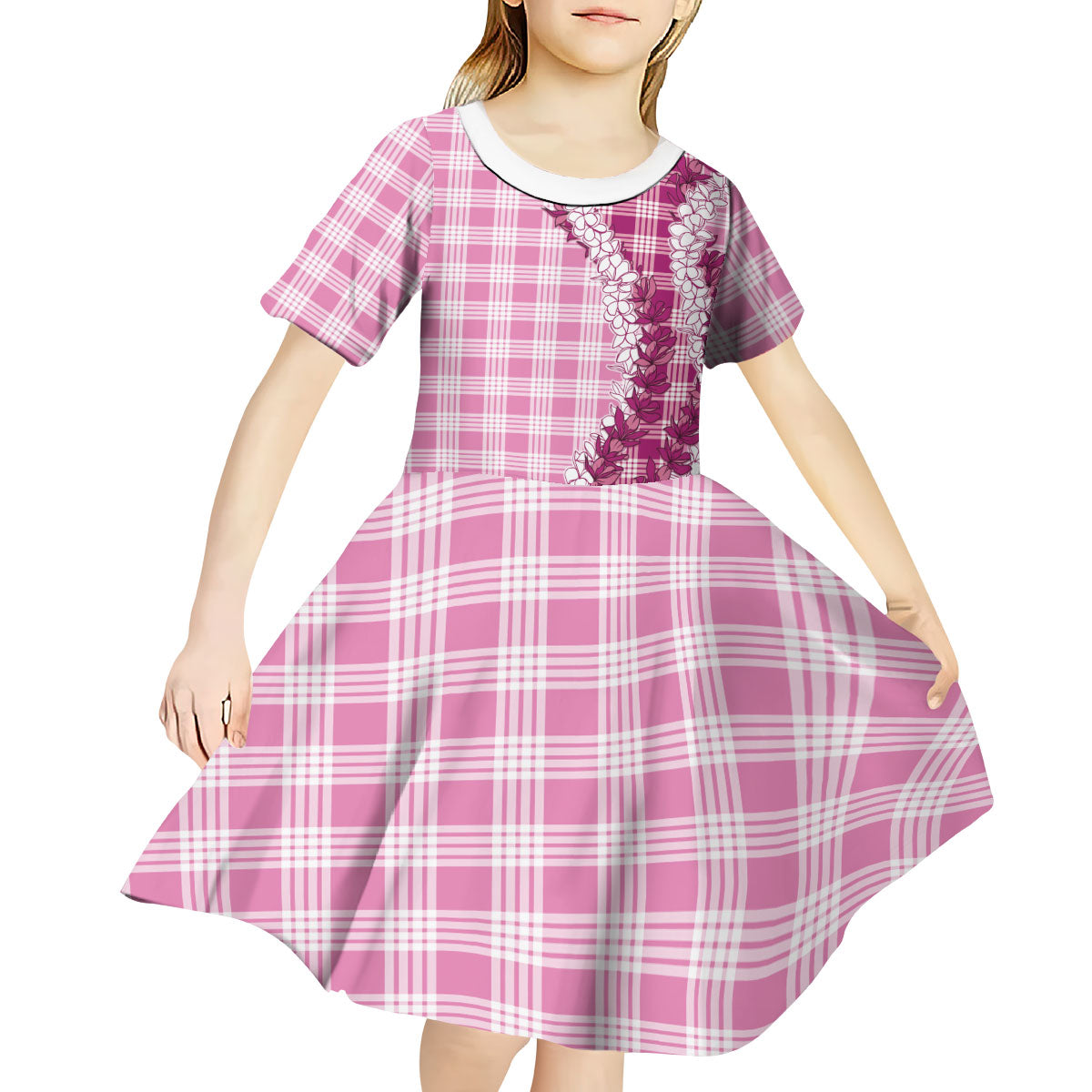 Pink Hawaii Palaka Kid Short Sleeve Dress Hawaiian Honohono Lei