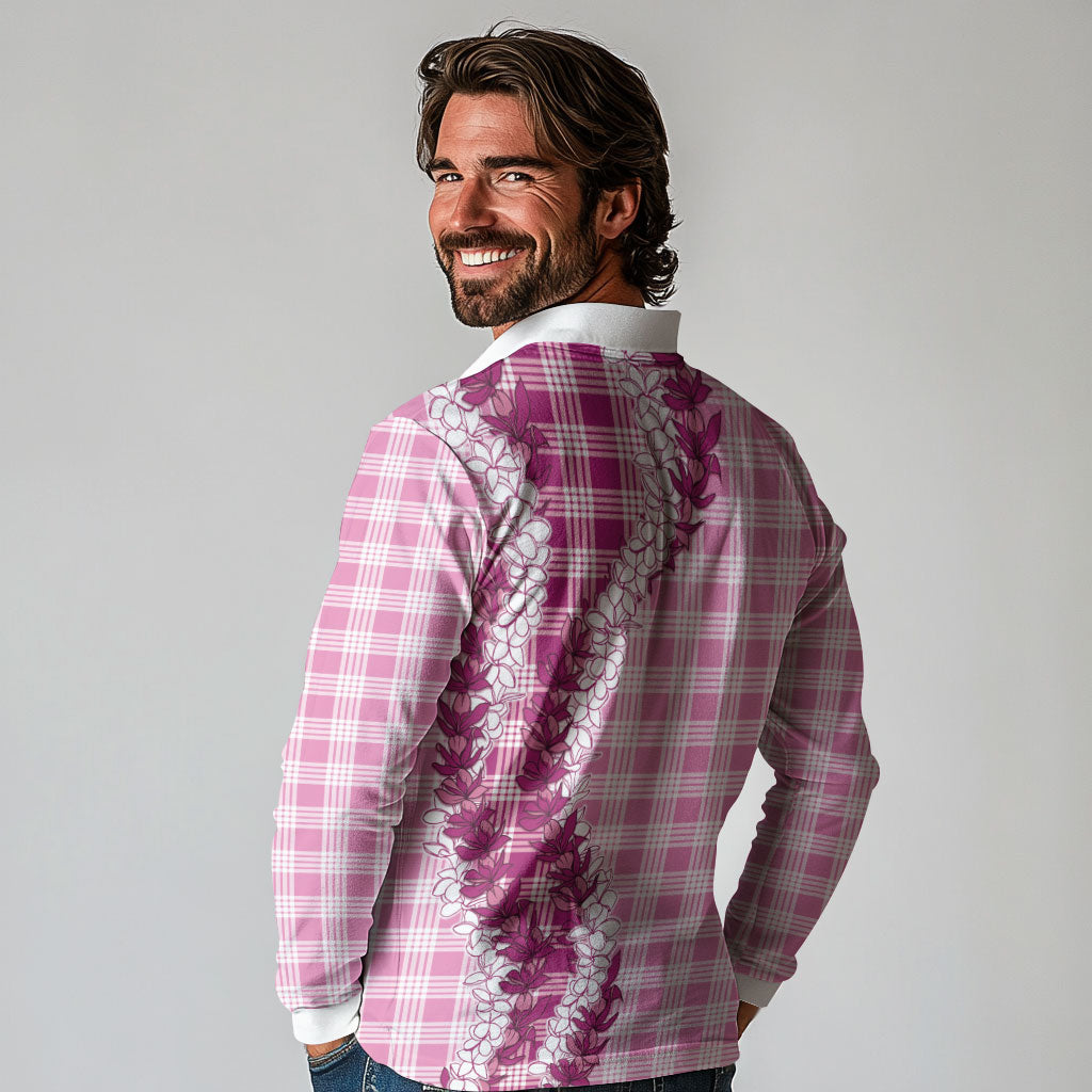 Pink Hawaii Palaka Long Sleeve Polo Shirt Hawaiian Honohono Lei