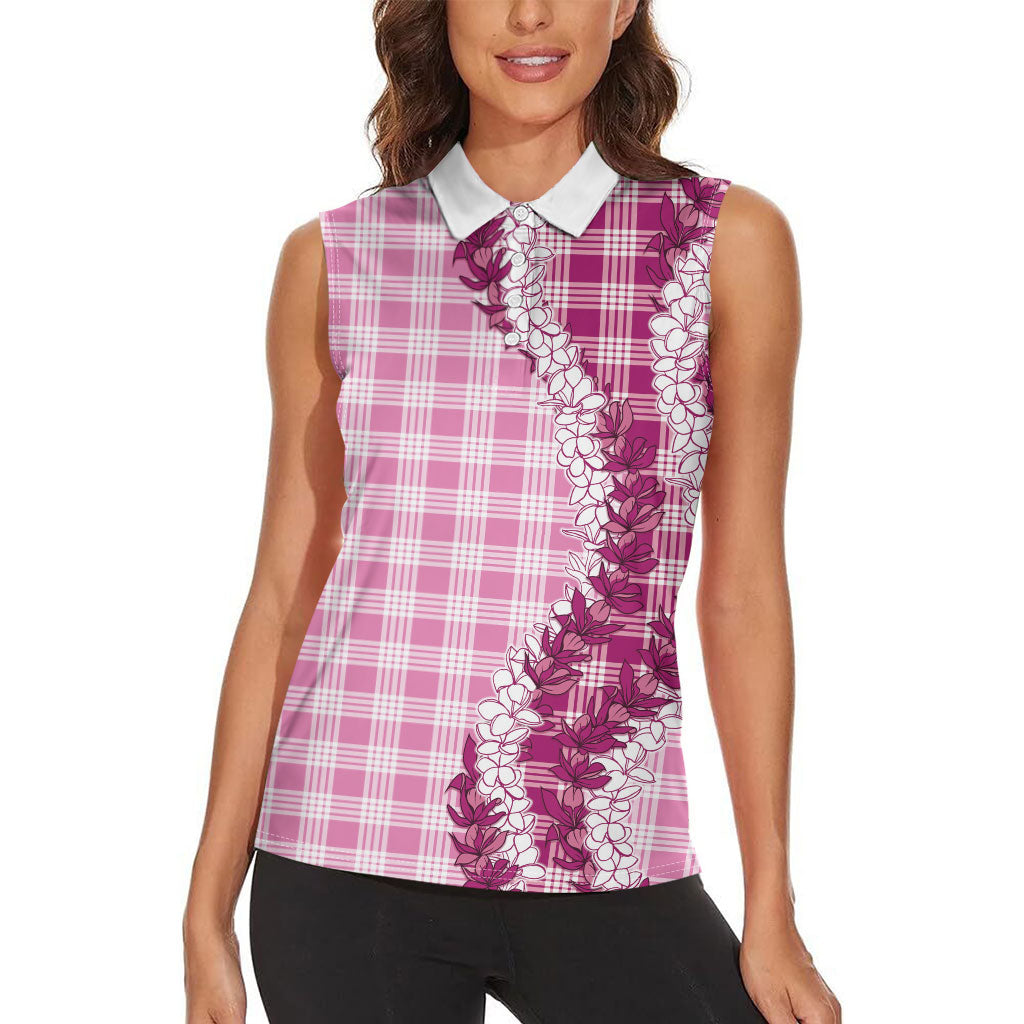 Pink Hawaii Palaka Women Sleeveless Polo Shirt Hawaiian Honohono Lei