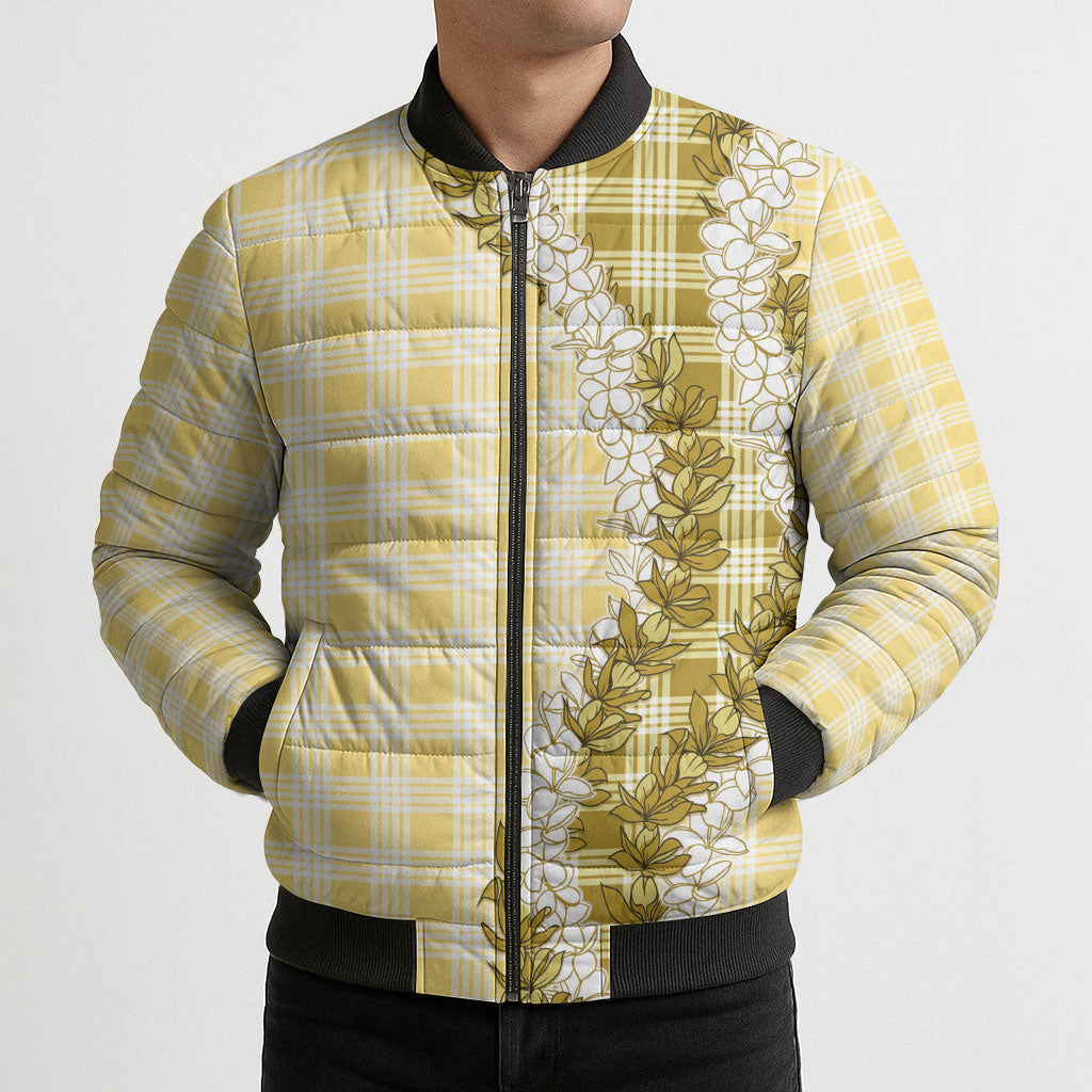 Yellow Hawaii Palaka Bomber Puffer Jacket Hawaiian Honohono Lei