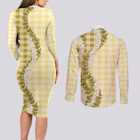 Yellow Hawaii Palaka Couples Matching Long Sleeve Bodycon Dress and Long Sleeve Button Shirt Hawaiian Honohono Lei LT05 - Polynesian Pride