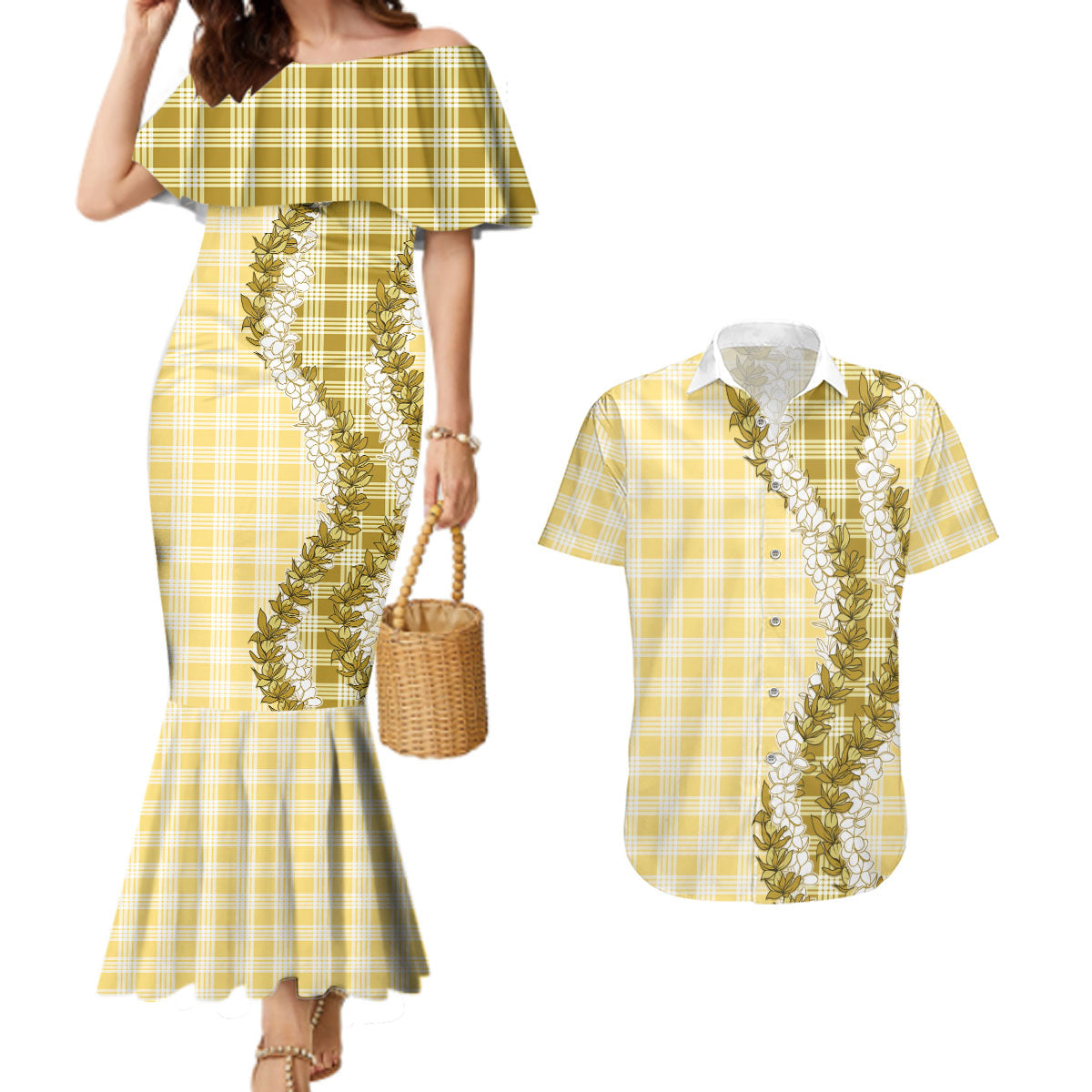 Yellow Hawaii Palaka Couples Matching Mermaid Dress and Hawaiian Shirt Hawaiian Honohono Lei