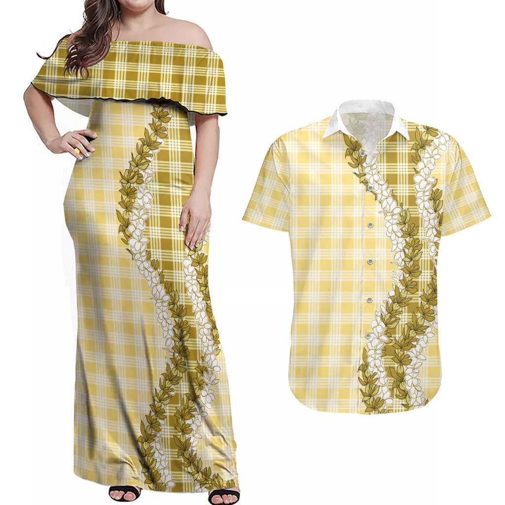 Yellow Hawaii Palaka Couples Matching Off Shoulder Maxi Dress and Hawaiian Shirt Hawaiian Honohono Lei LT05 Yellow - Polynesian Pride