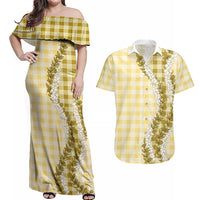 Yellow Hawaii Palaka Couples Matching Off Shoulder Maxi Dress and Hawaiian Shirt Hawaiian Honohono Lei LT05 Yellow - Polynesian Pride