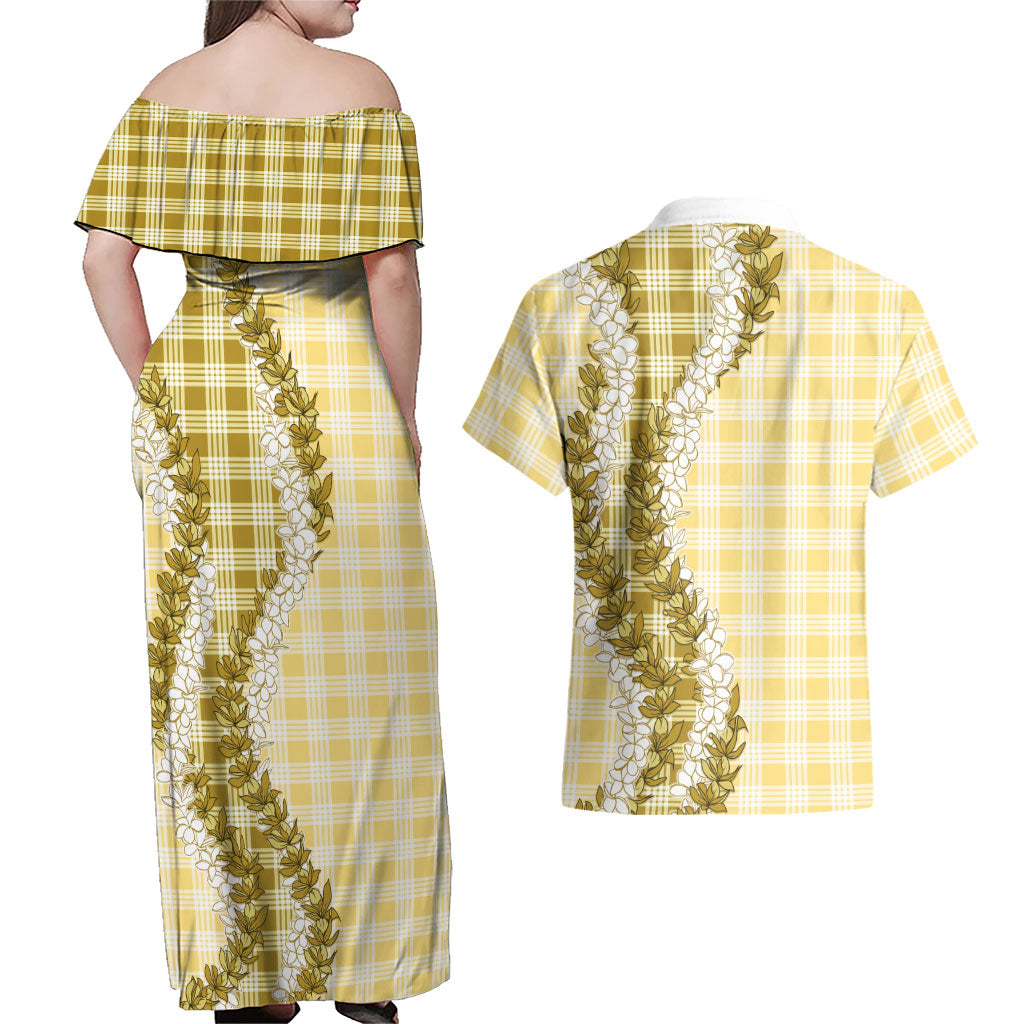 Yellow Hawaii Palaka Couples Matching Off Shoulder Maxi Dress and Hawaiian Shirt Hawaiian Honohono Lei LT05 - Polynesian Pride