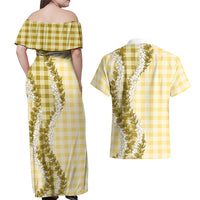 Yellow Hawaii Palaka Couples Matching Off Shoulder Maxi Dress and Hawaiian Shirt Hawaiian Honohono Lei LT05 - Polynesian Pride