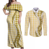 Yellow Hawaii Palaka Couples Matching Off Shoulder Maxi Dress and Long Sleeve Button Shirt Hawaiian Honohono Lei