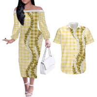 Yellow Hawaii Palaka Couples Matching Off The Shoulder Long Sleeve Dress and Hawaiian Shirt Hawaiian Honohono Lei LT05 Yellow - Polynesian Pride